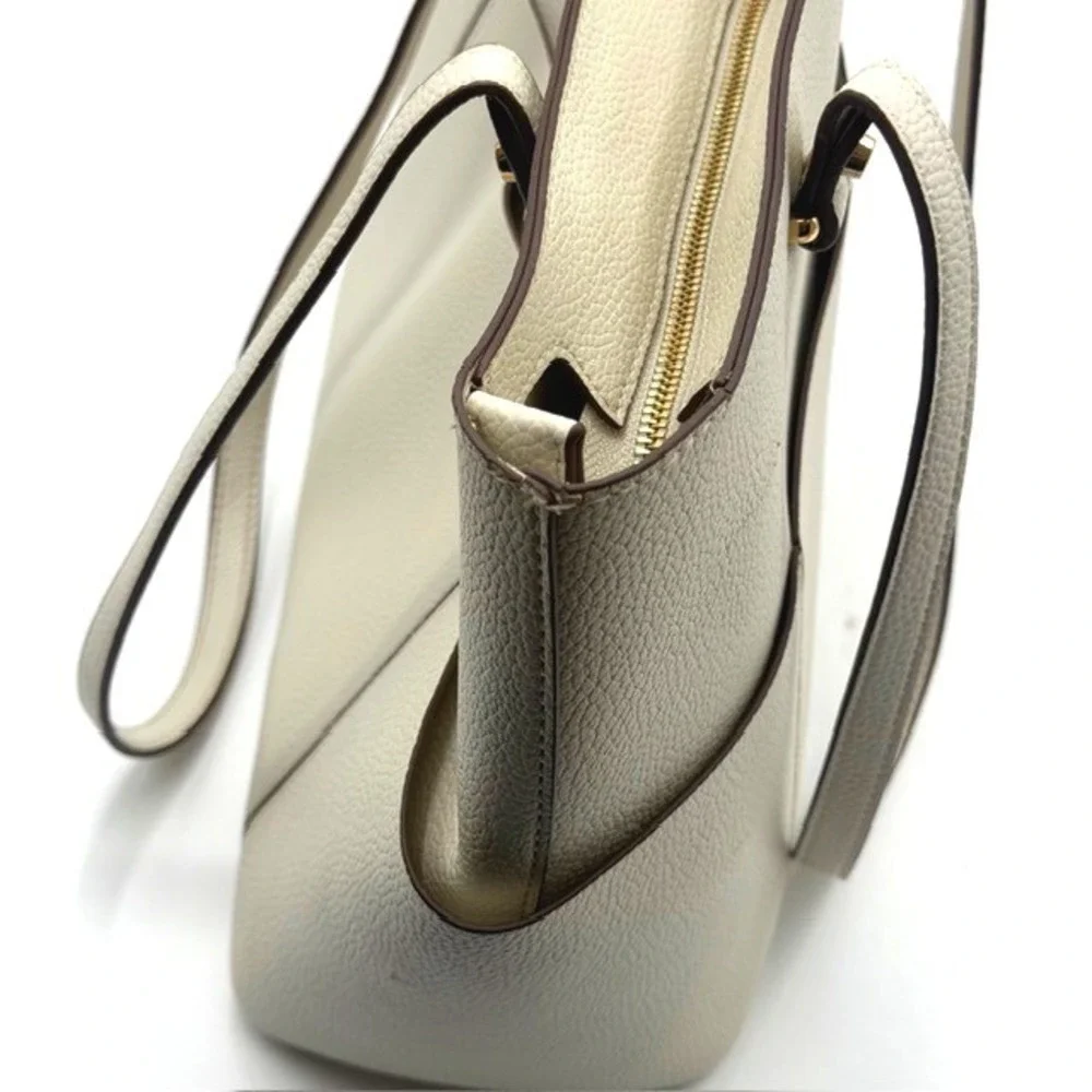Anne Klein Women Cream Pebbled Faux Leather Zip Top Tote Bag Gold Hardware